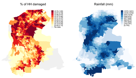 Figure 2: Percentage of households damaged versus spatial pattern of rainfall